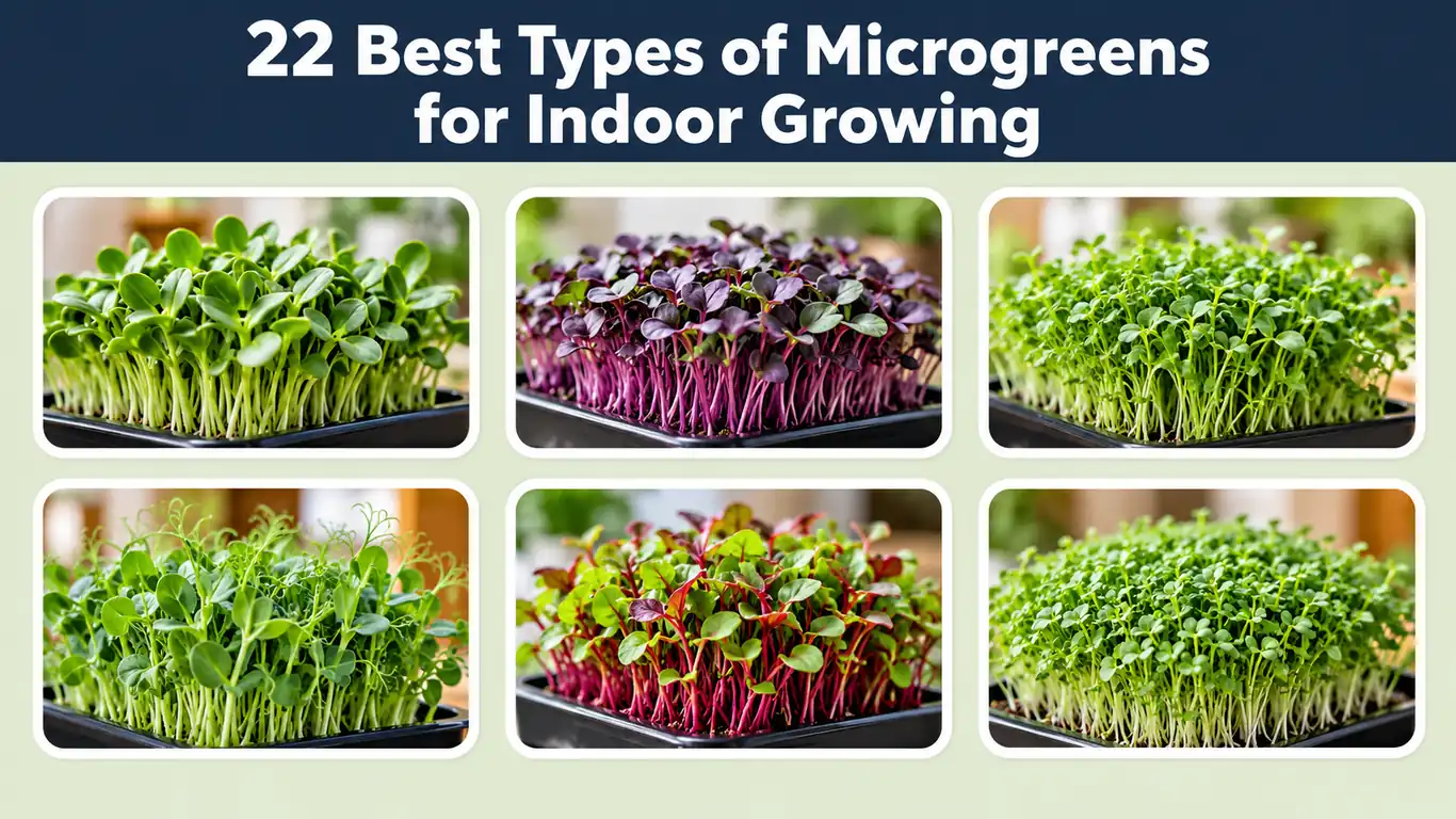 Six varieties of fresh indoor-grown microgreens, including sunflower, radish, pea shoots, and other leafy greens, displayed in a photo grid.