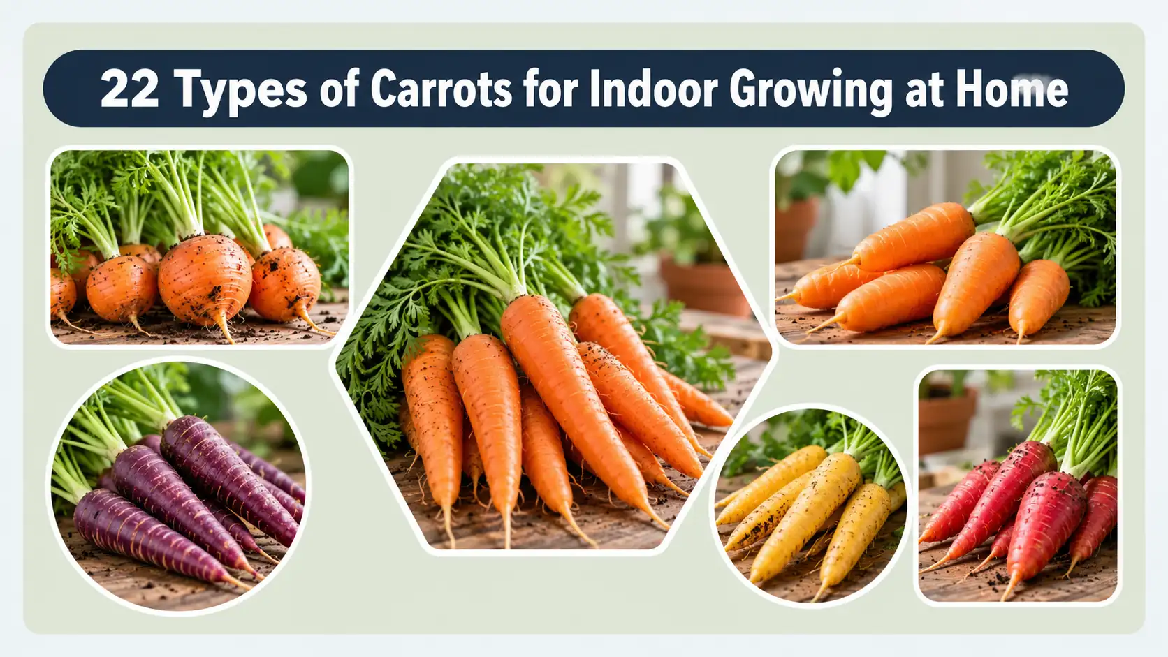 Different types of orange, purple, red, and yellow carrots for indoor growing.