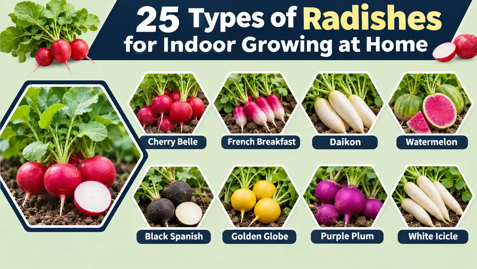 25 radish varieties for indoor growing, including Cherry Belle, Daikon, Watermelon, and French Breakfast radishes.
