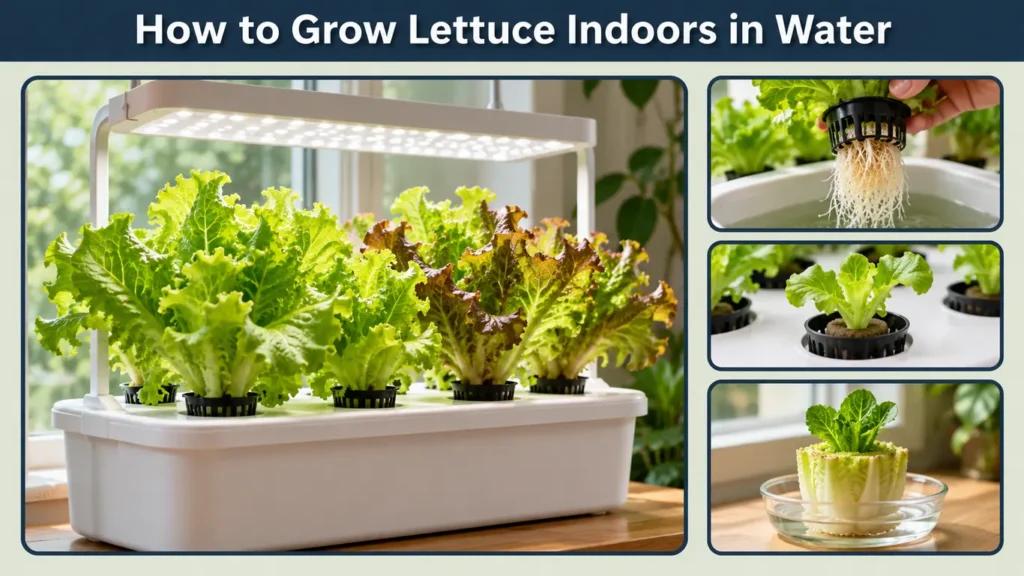 Indoor hydroponic lettuce under a grow light, with close-ups of roots, a seedling, and a romaine base regrowing in water.
